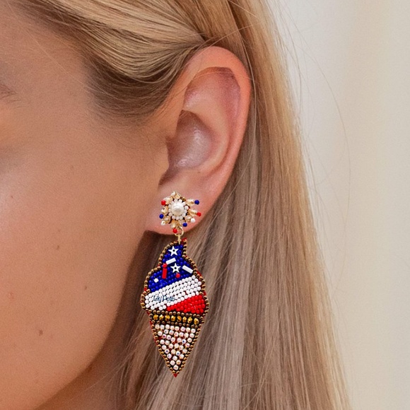 3 Pairs, Beaded Red White Blue Earring, Ice Cream Pinwheel Cocktail Earrings - Picture 5 of 5